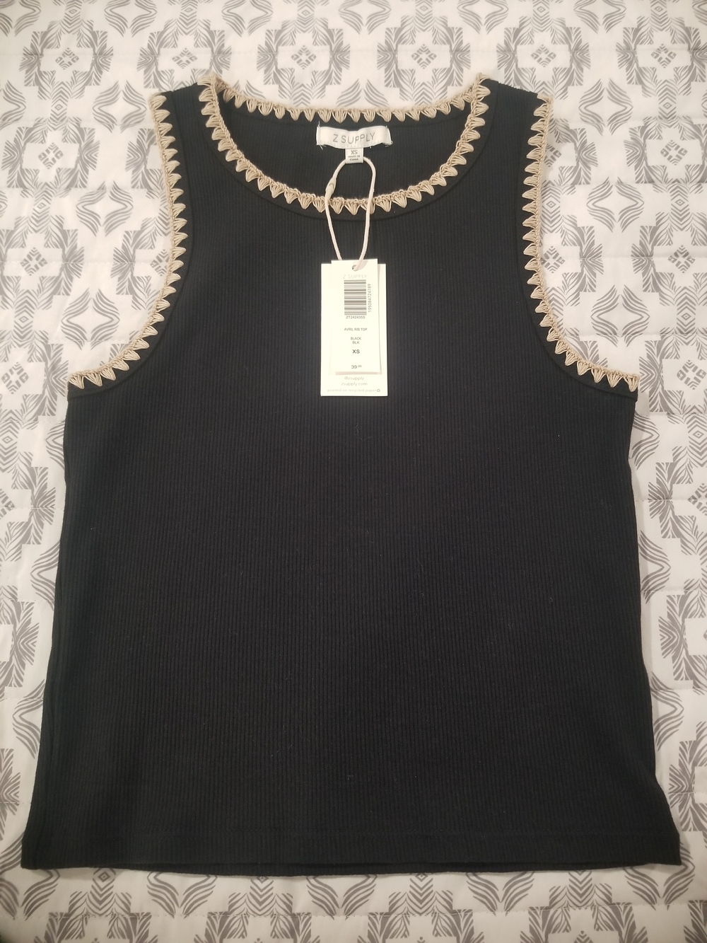Z Supply Black Ribbed Tank with Cream Trim Accent
